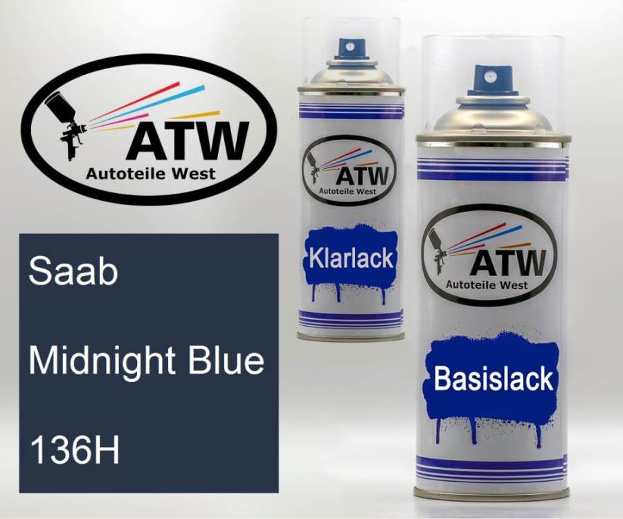 Saab, Midnight Blue, 136H: 400ml Sprühdose + 400ml Klarlack - Set, von ATW Autoteile West.